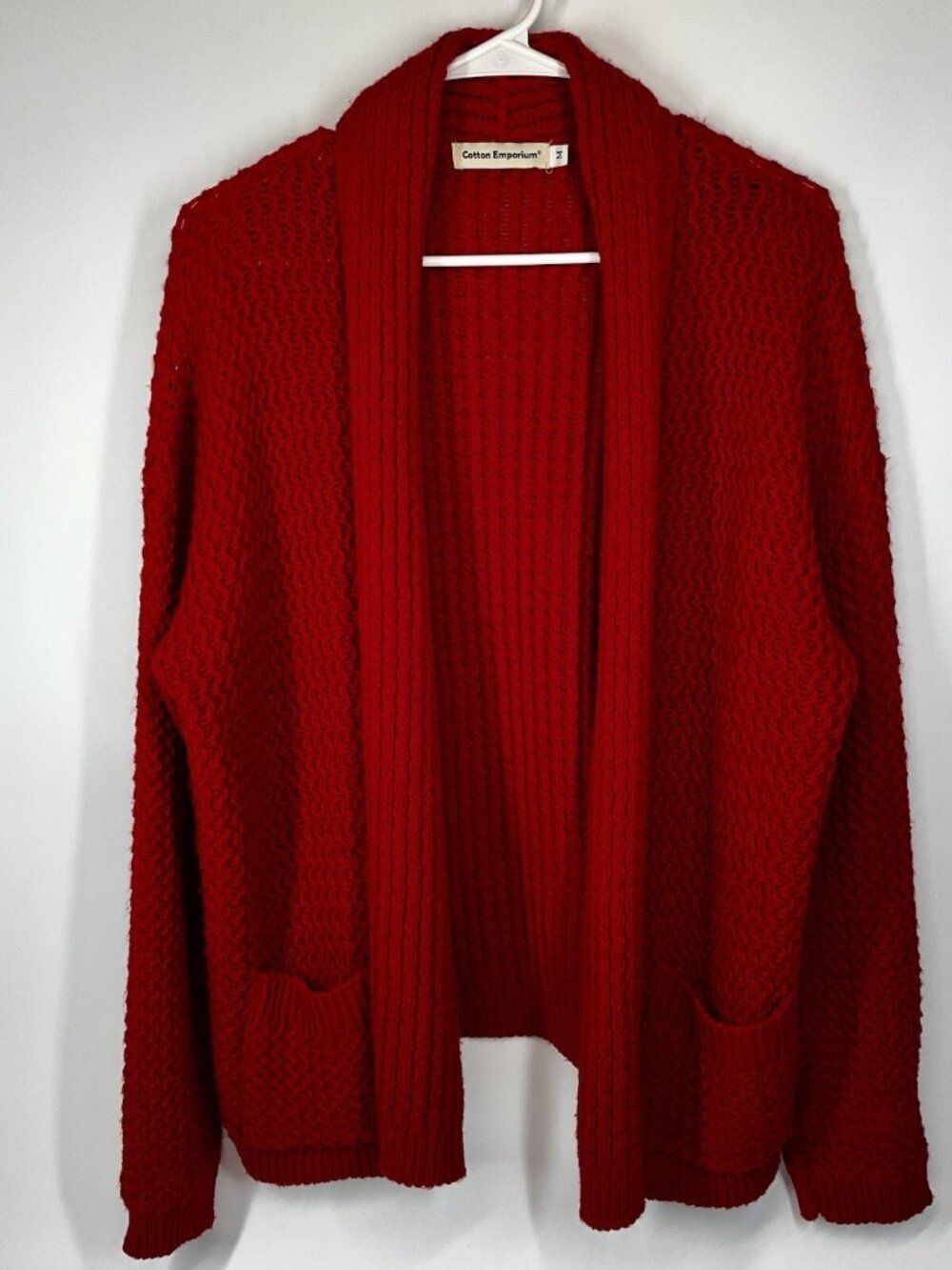 Red Knit Cardigan Sweater Rolled Collar Cotton Emporium Women’s Size Medium